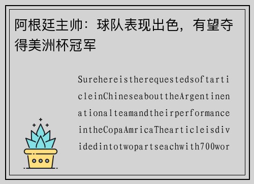 阿根廷主帅：球队表现出色，有望夺得美洲杯冠军