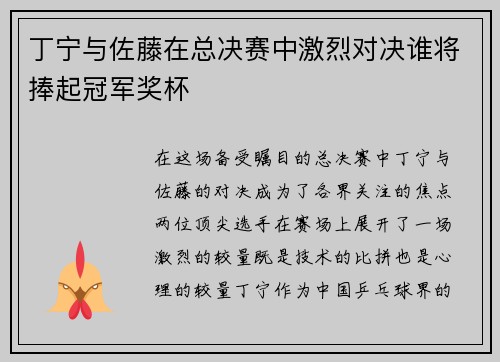 丁宁与佐藤在总决赛中激烈对决谁将捧起冠军奖杯