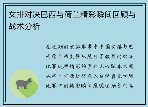 女排对决巴西与荷兰精彩瞬间回顾与战术分析